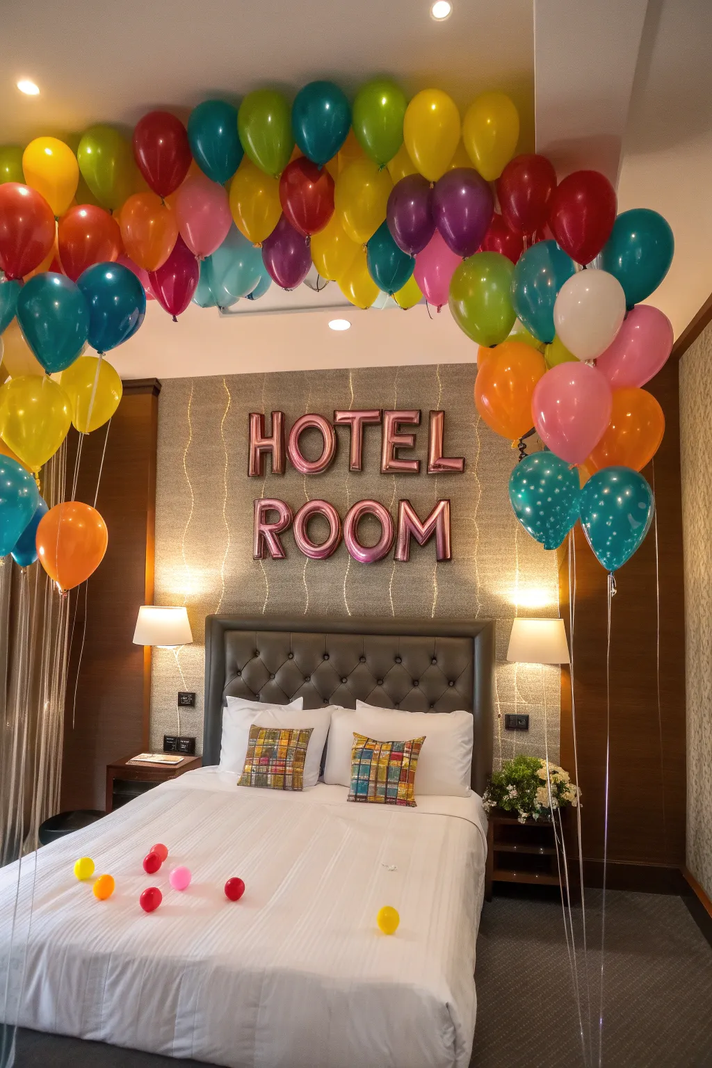Celebratory balloons add a festive touch to the room.