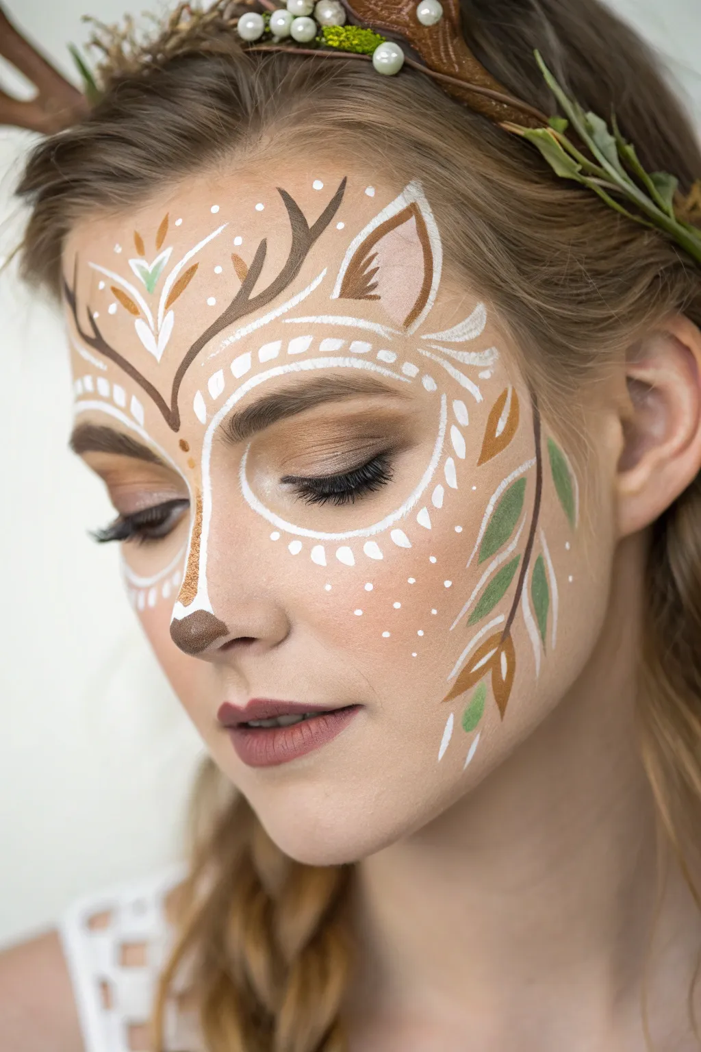 Embrace the tranquility of the woodland with this serene deer face paint.