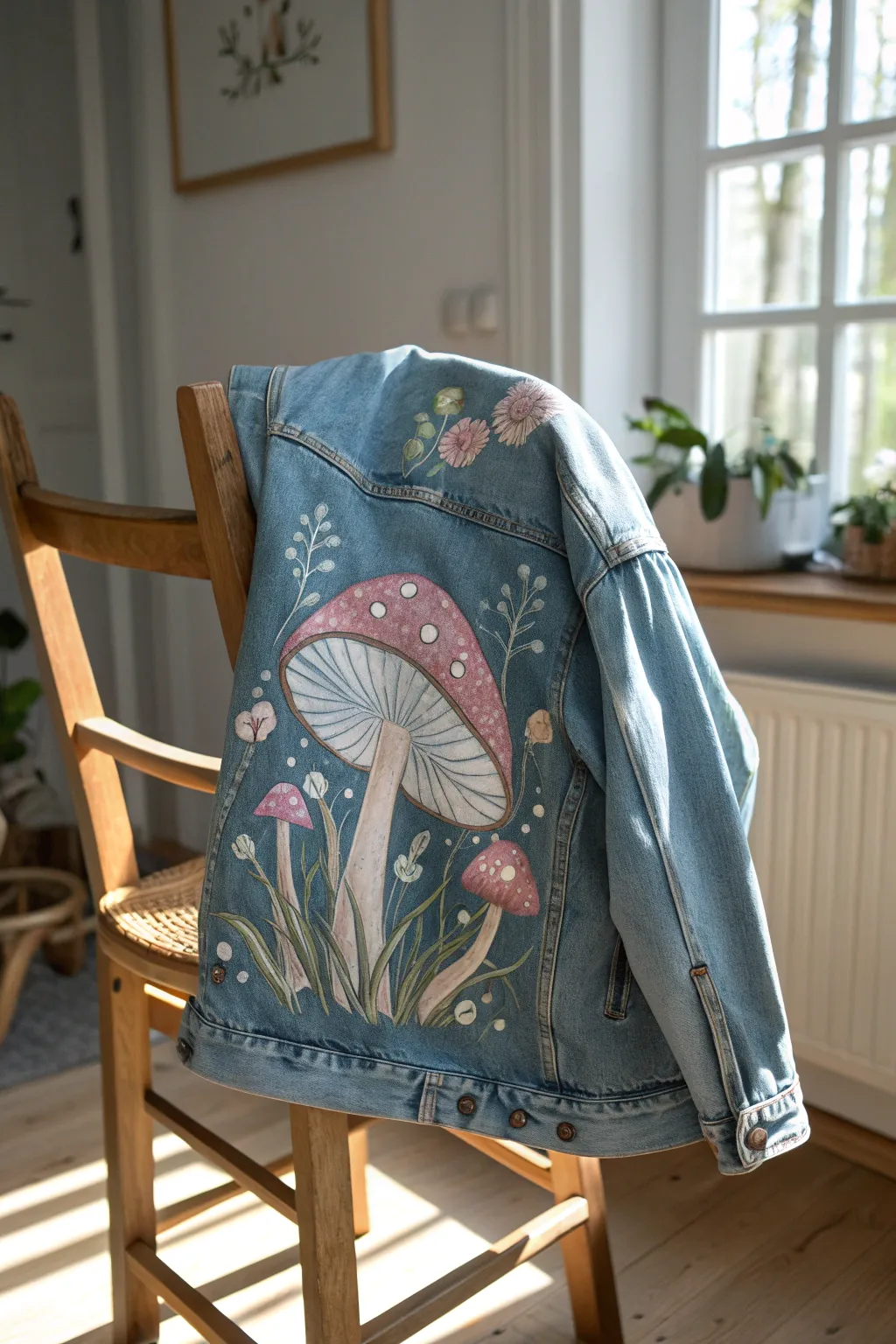Add a touch of woodland wonder to your wardrobe with mystical mushroom art on denim.