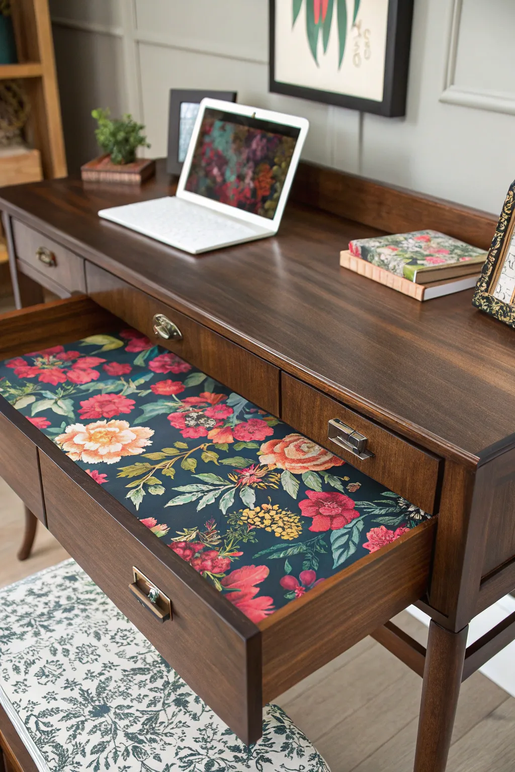 Discover the charm of adding unexpected details to your workspace with bold, floral wallpaper accents.