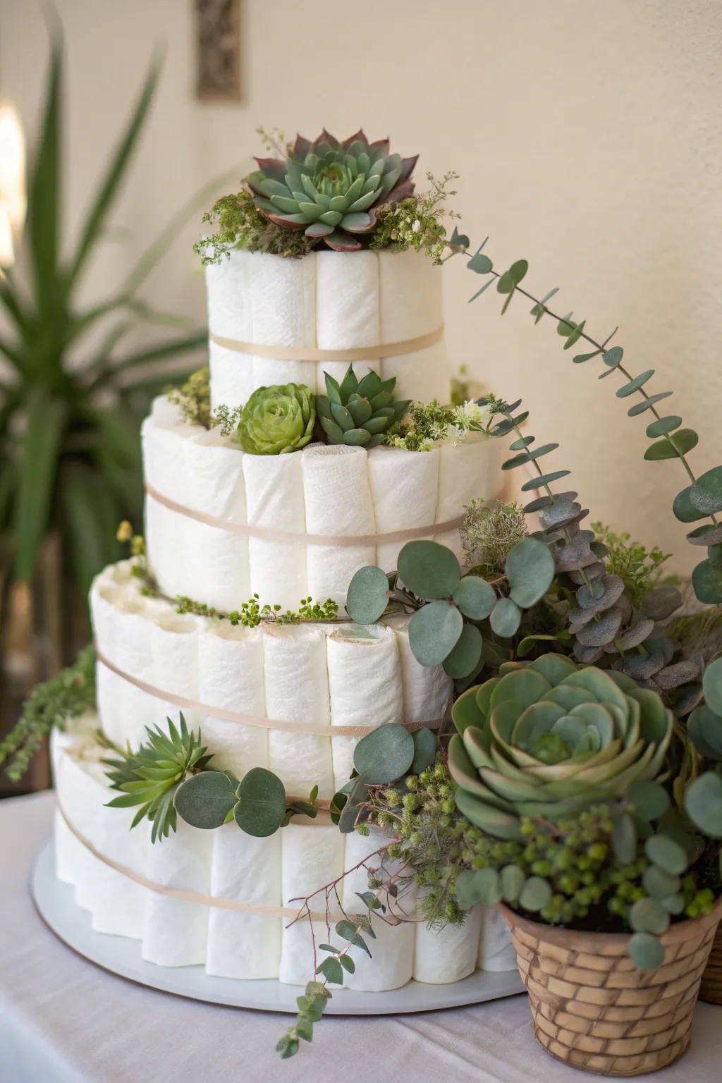 Embrace new beginnings with this lush, green-inspired diaper cake.