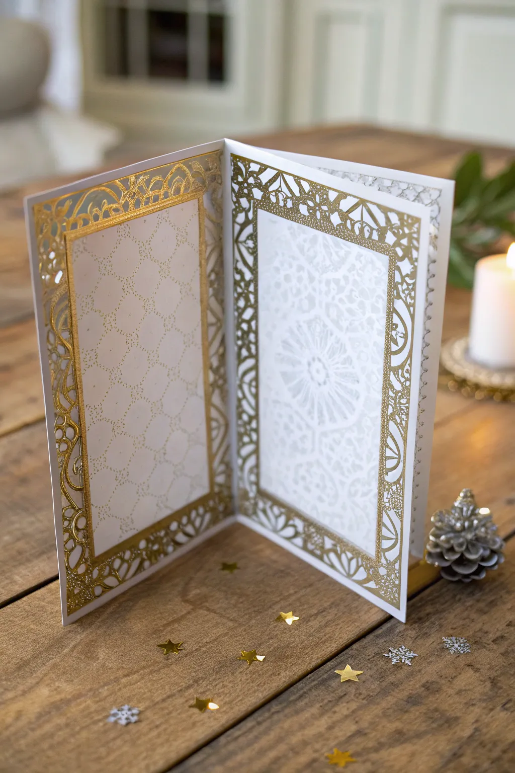 Elevate your holiday greetings with elegant ornamental borders that capture the essence of minimalist beauty and craftsmanship.