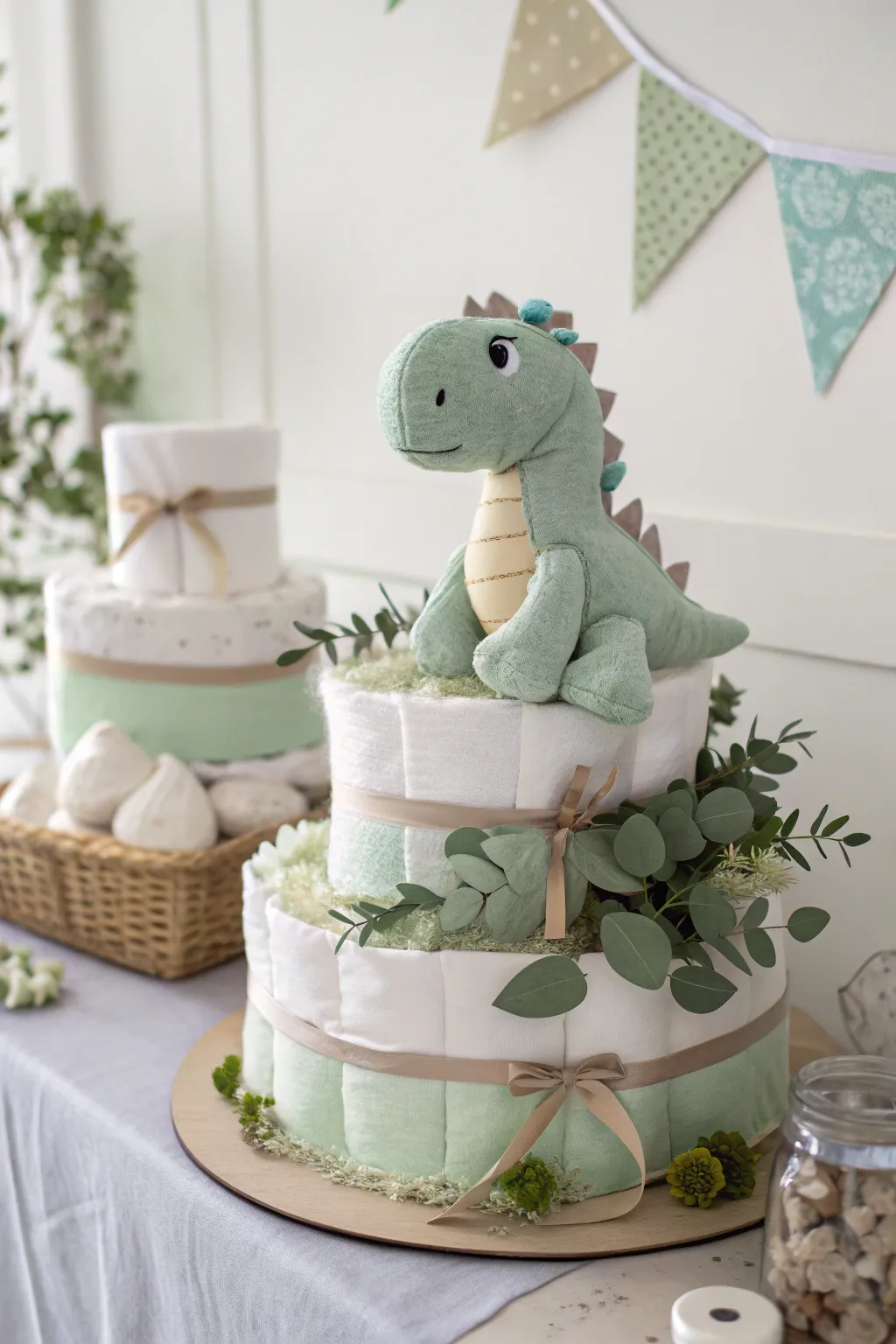 Add a touch of whimsy to your baby gift with a plush dino buddy atop a stylish diaper cake!