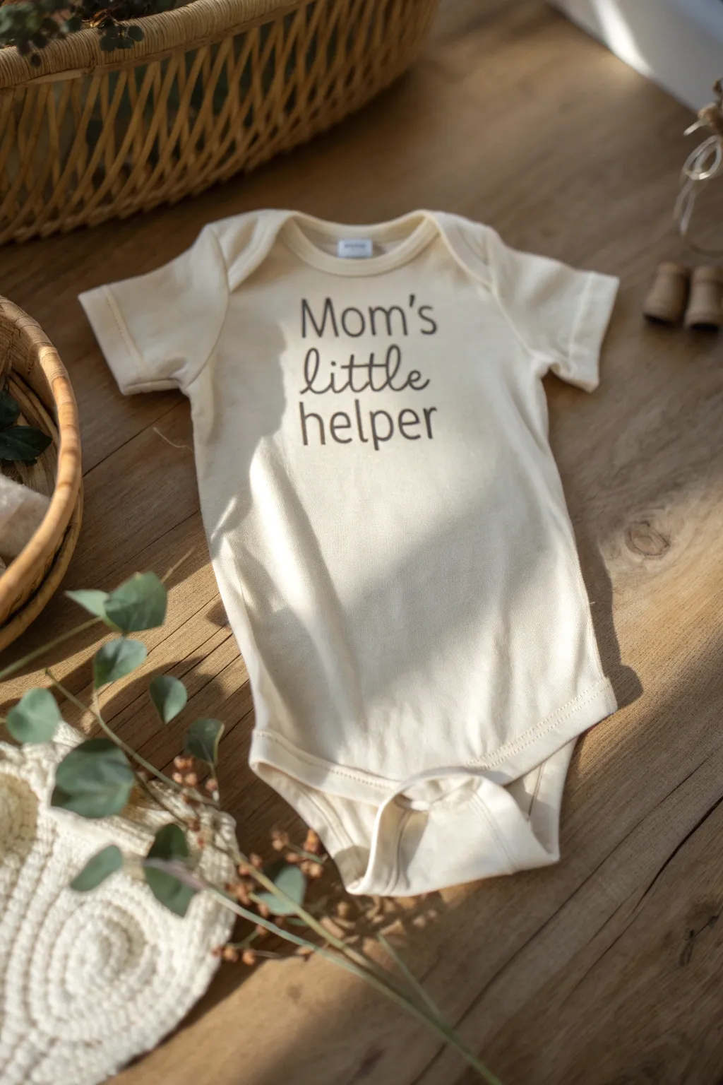 Celebrate the joy of family with this charming 'Mom’s Little Helper' onesie—where simplicity meets heartfelt style.