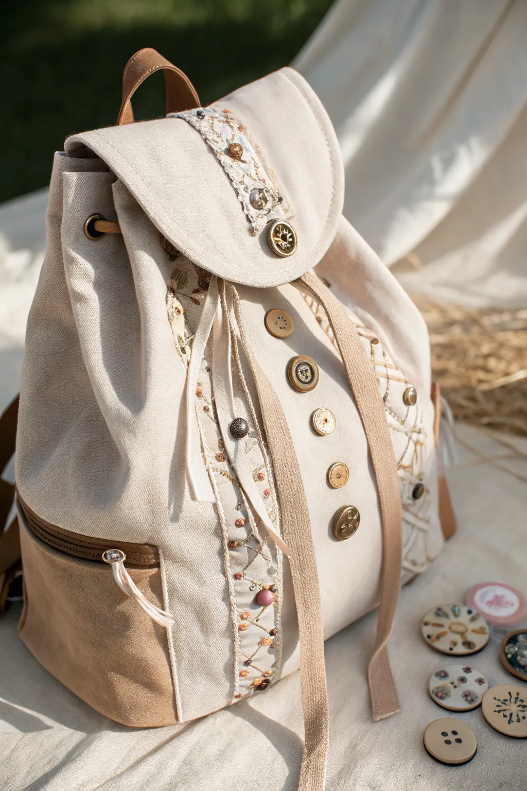 Elevate your backpack with a touch of vintage elegance and boho charm through simple sewing embellishments.