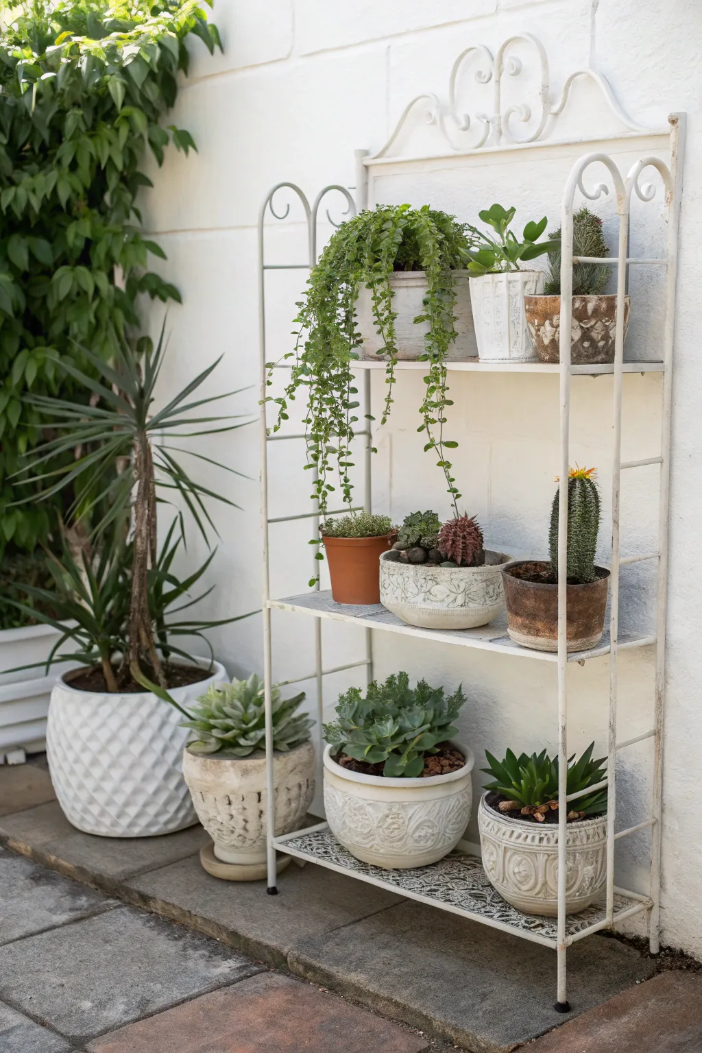 Transform your patio with a minimalist plant stand that celebrates nature's beauty and craftsmanship.