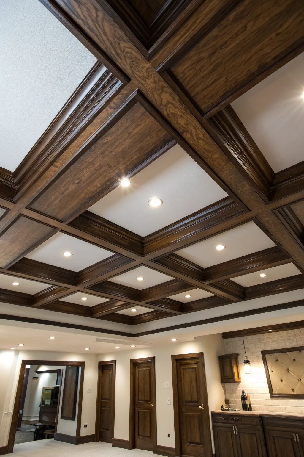 Elevate your basement's style with stunning wooden beam ceilings.