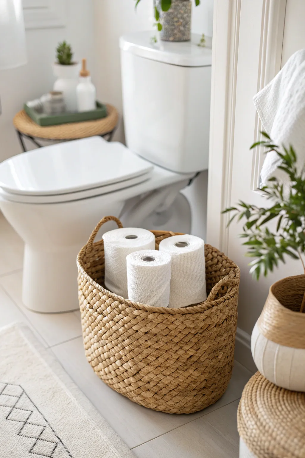 Elevate your bathroom storage with the charming elegance of woven baskets—where functionality meets style.