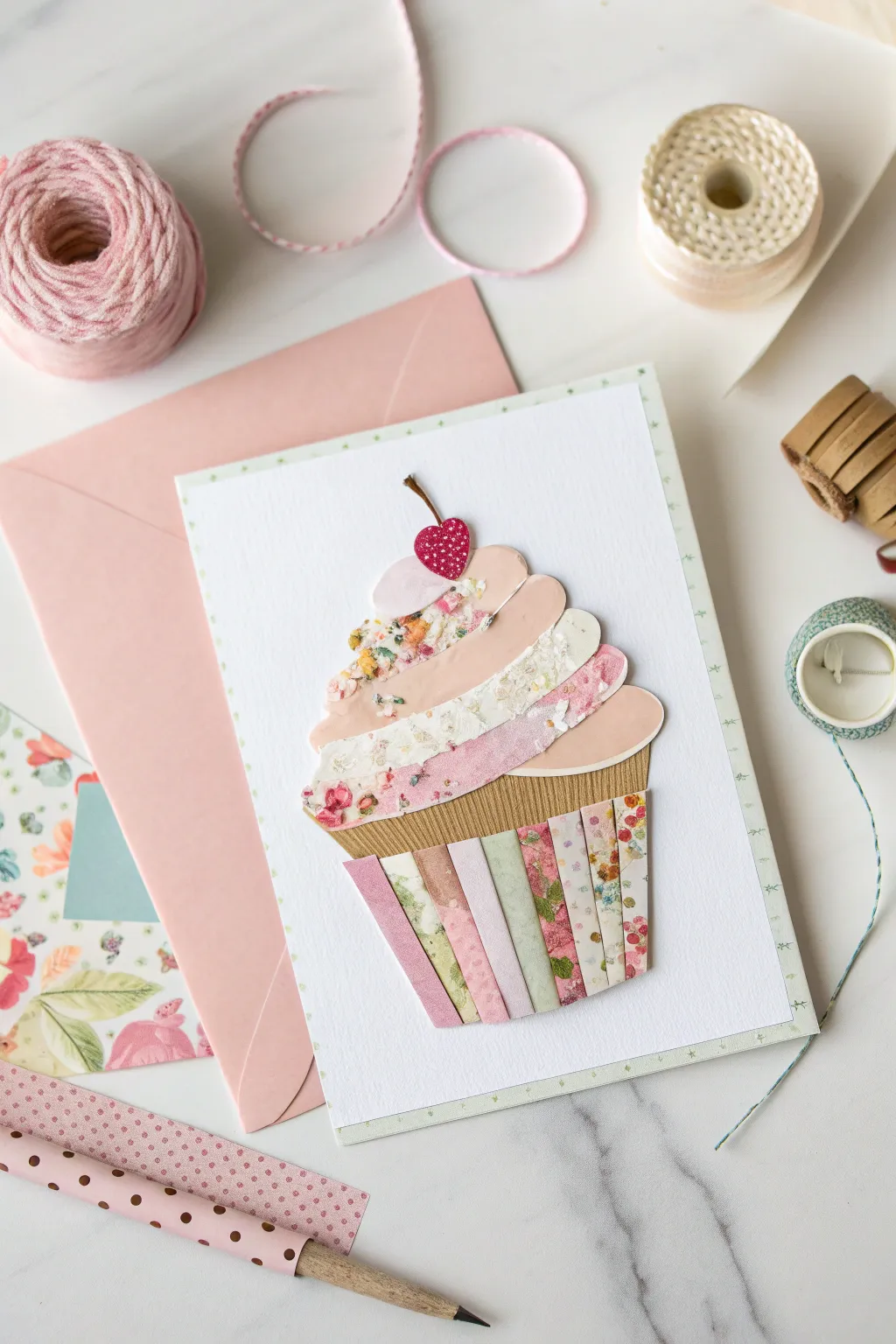 Crafted with love: A delightful cupcake collage card perfect for little hands and big smiles!