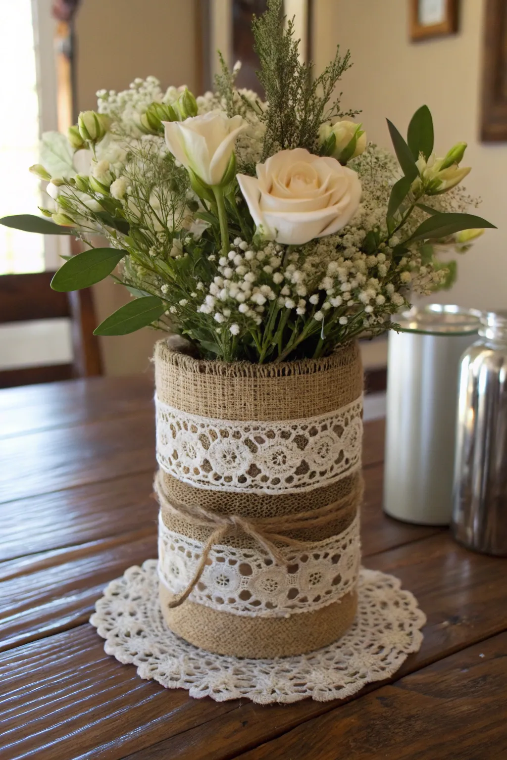 Embrace rustic romance with this burlap and lace boho centerpiece.