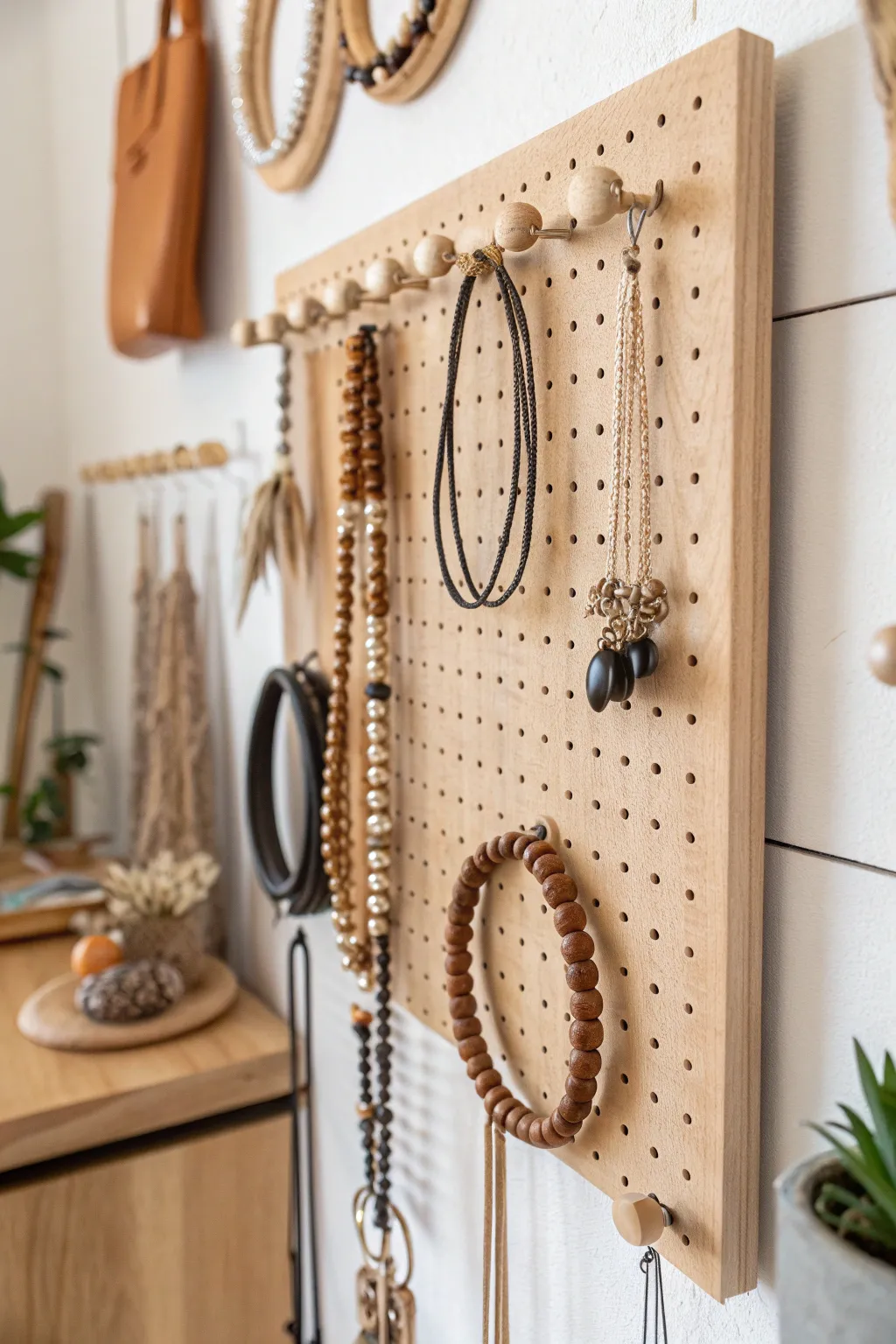 Transform your space with a chic pegboard bracelet display – where minimalist design meets boho elegance.