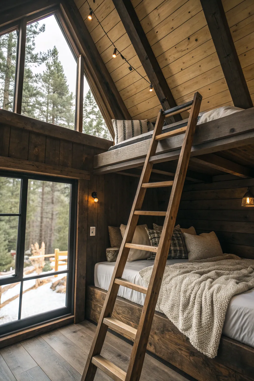 Maximize your cabin's potential with a stylish lofted sleeping area, merging functionality with rustic charm.