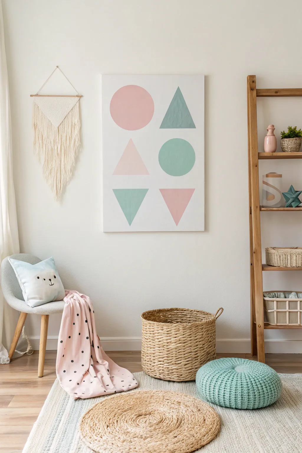 Add a modern touch to your baby's room with soft pastel geometric shapes for a serene and stylish ambiance.