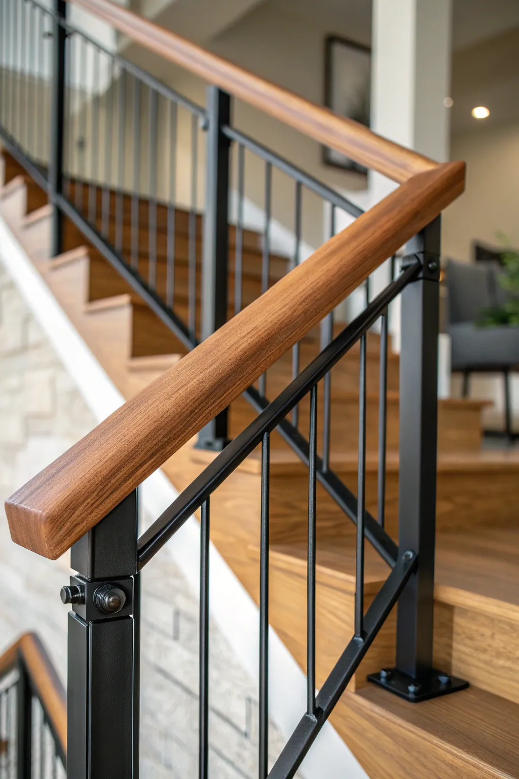 Elevate your space with a stunning wood and metal stair railing that blends classic warmth with modern style.