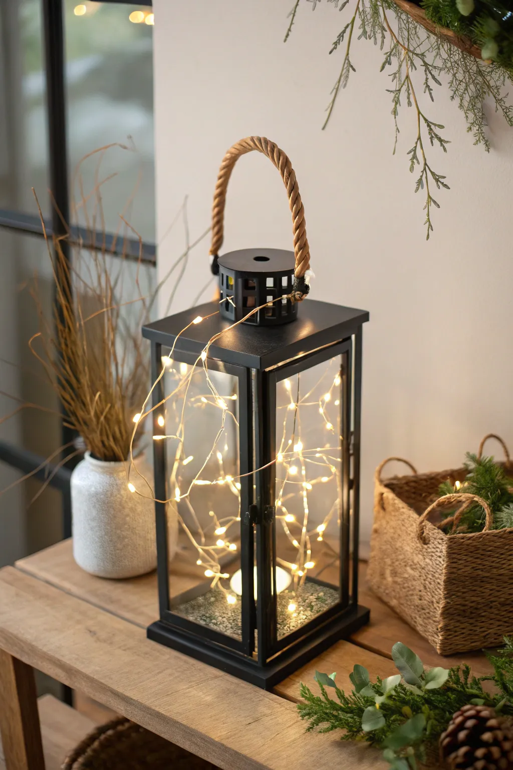 Enchant your holiday nights with a minimalist lantern aglow with LED fairy lights magic.