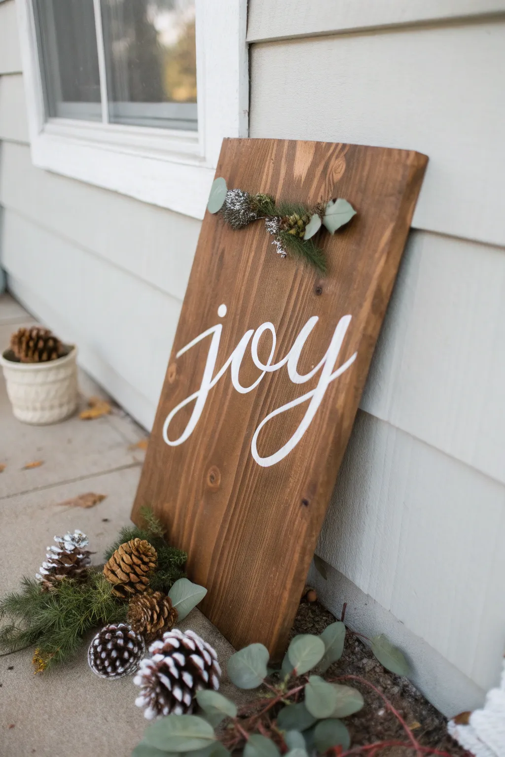 Add a touch of festive joy to your porch with a minimalist wooden sign. #DIYDecor #ScandiBoho #FestiveCrafting