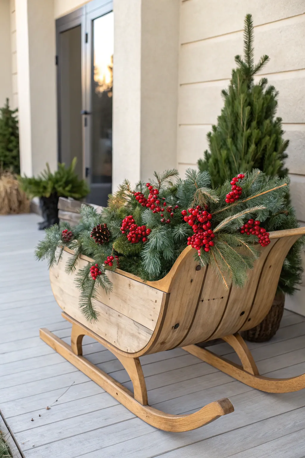 Bring the winter forest to your doorstep with this charming evergreen sleigh planter.