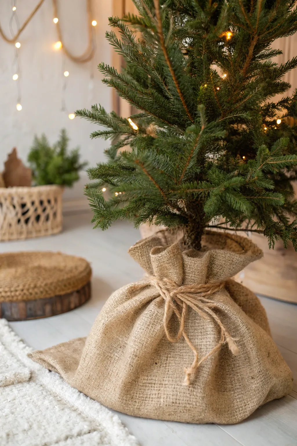 Wrap your tree in rustic elegance with natural burlap, blending simplicity and style effortlessly.