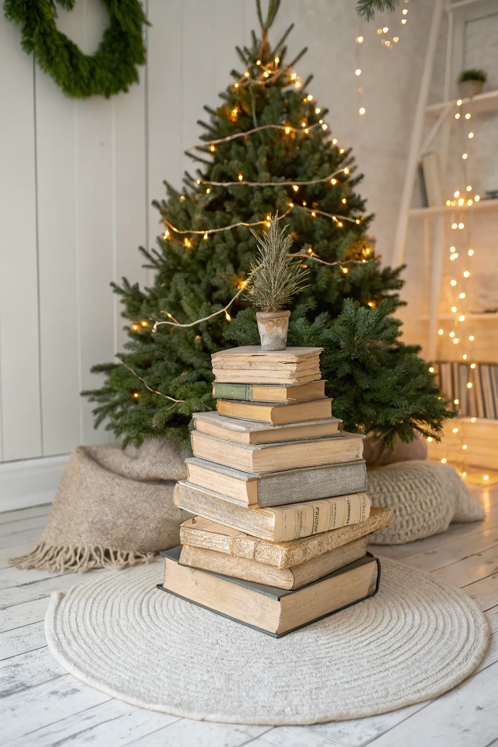 Transform your tree with a vintage touch—stack books for a charming, intellectual vibe!