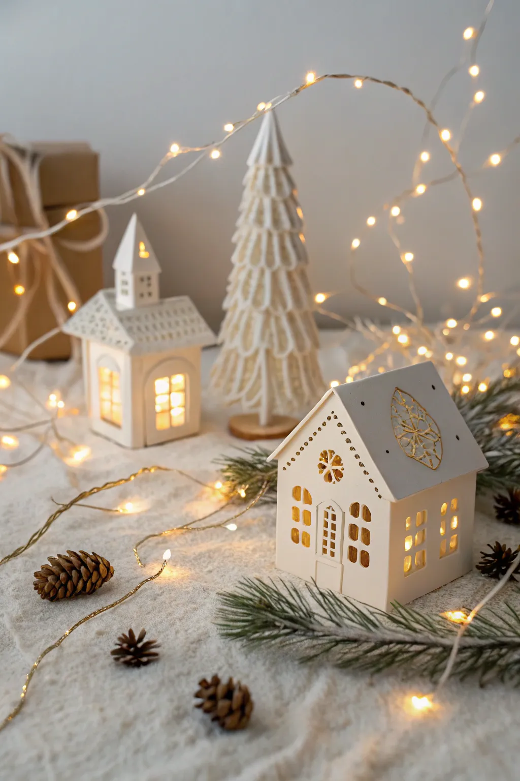 Bring your Christmas village to life with the enchanting glow of string lights, adding warmth and magic to your holiday decor.