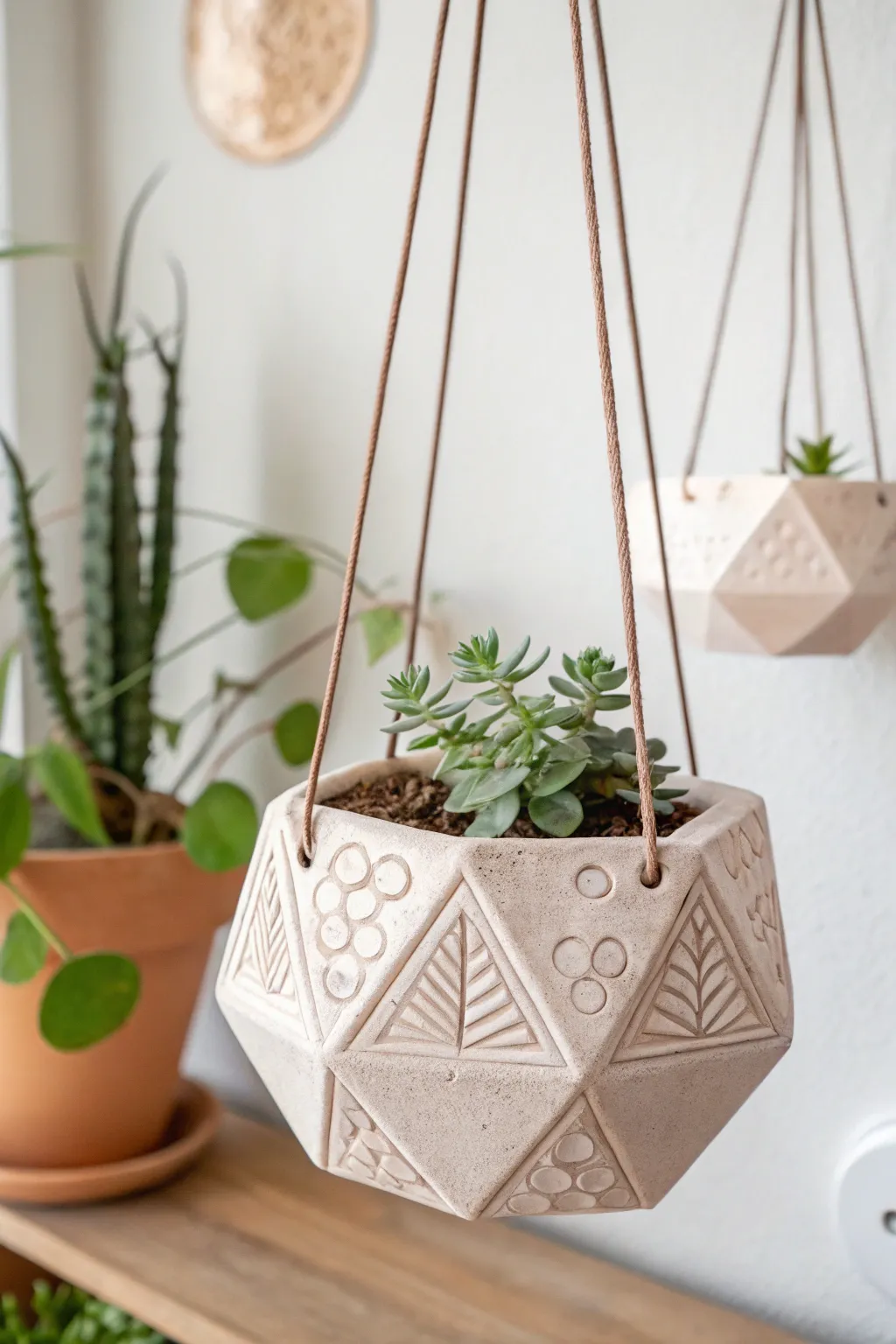 Elevate your space with geometric elegance: DIY clay hanging planter.