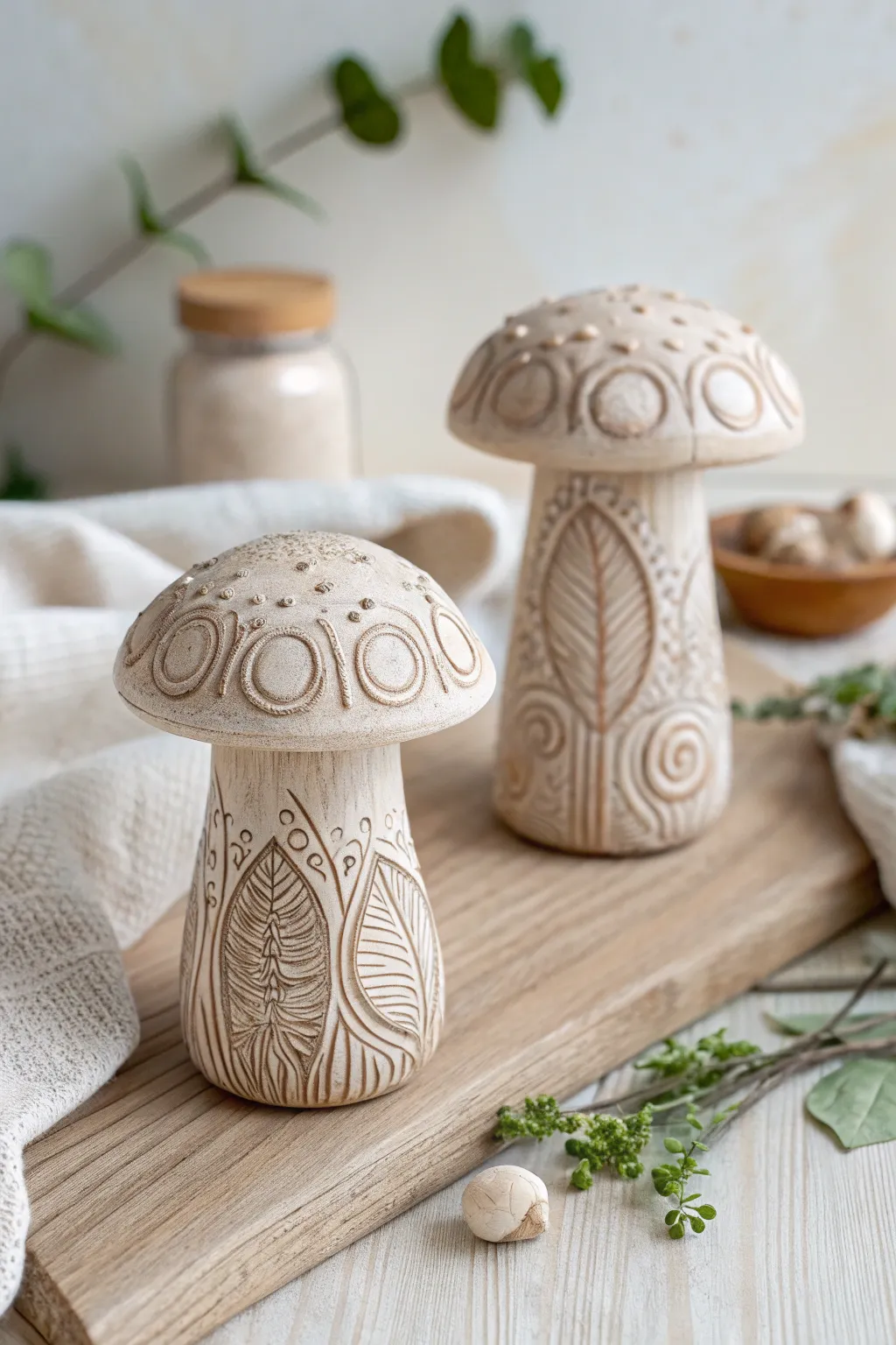 Add a touch of whimsy to your kitchen with these charming mushroom-shaped clay shakers.