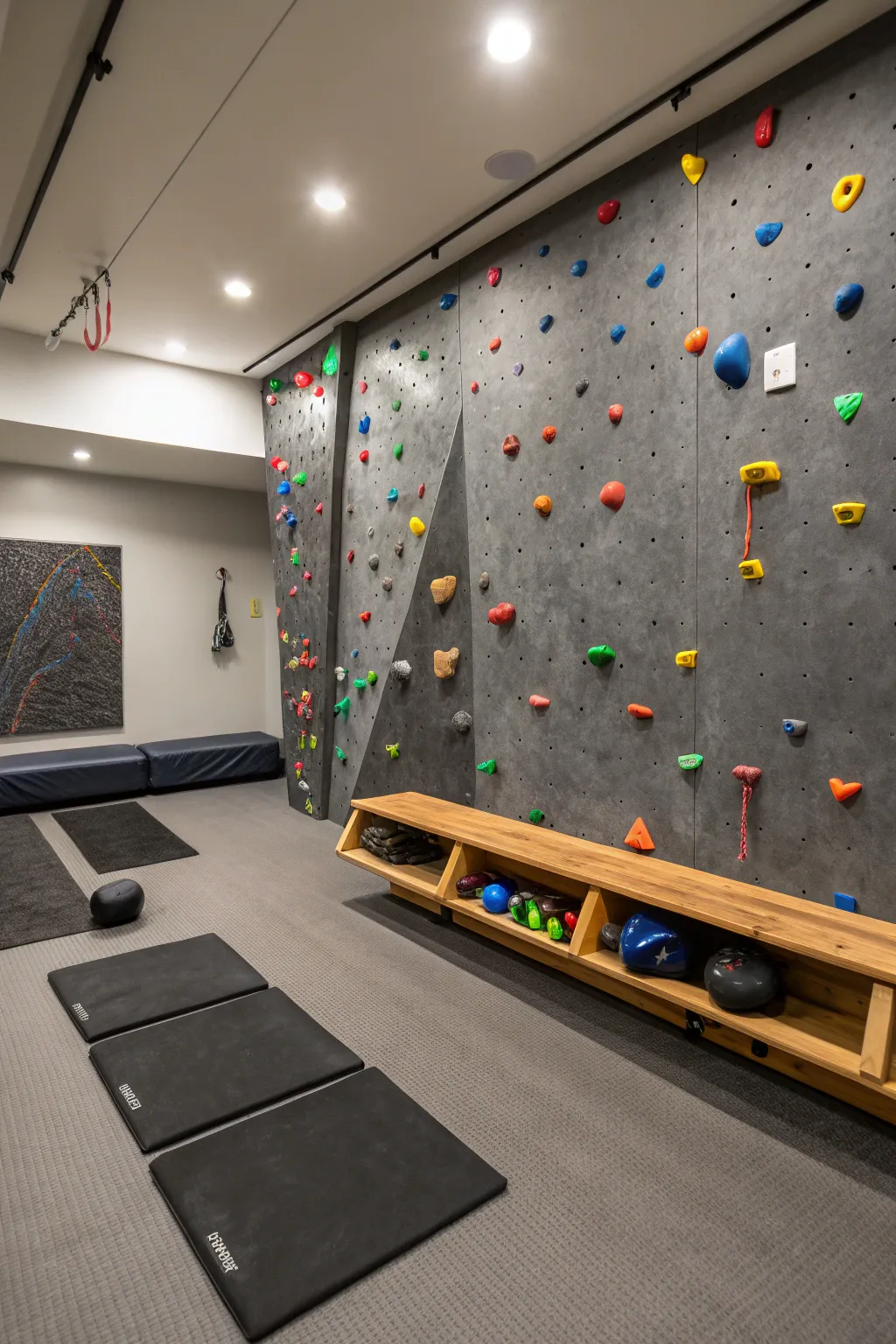 Transform your basement into the ultimate climbing haven with this sleek and stylish setup.