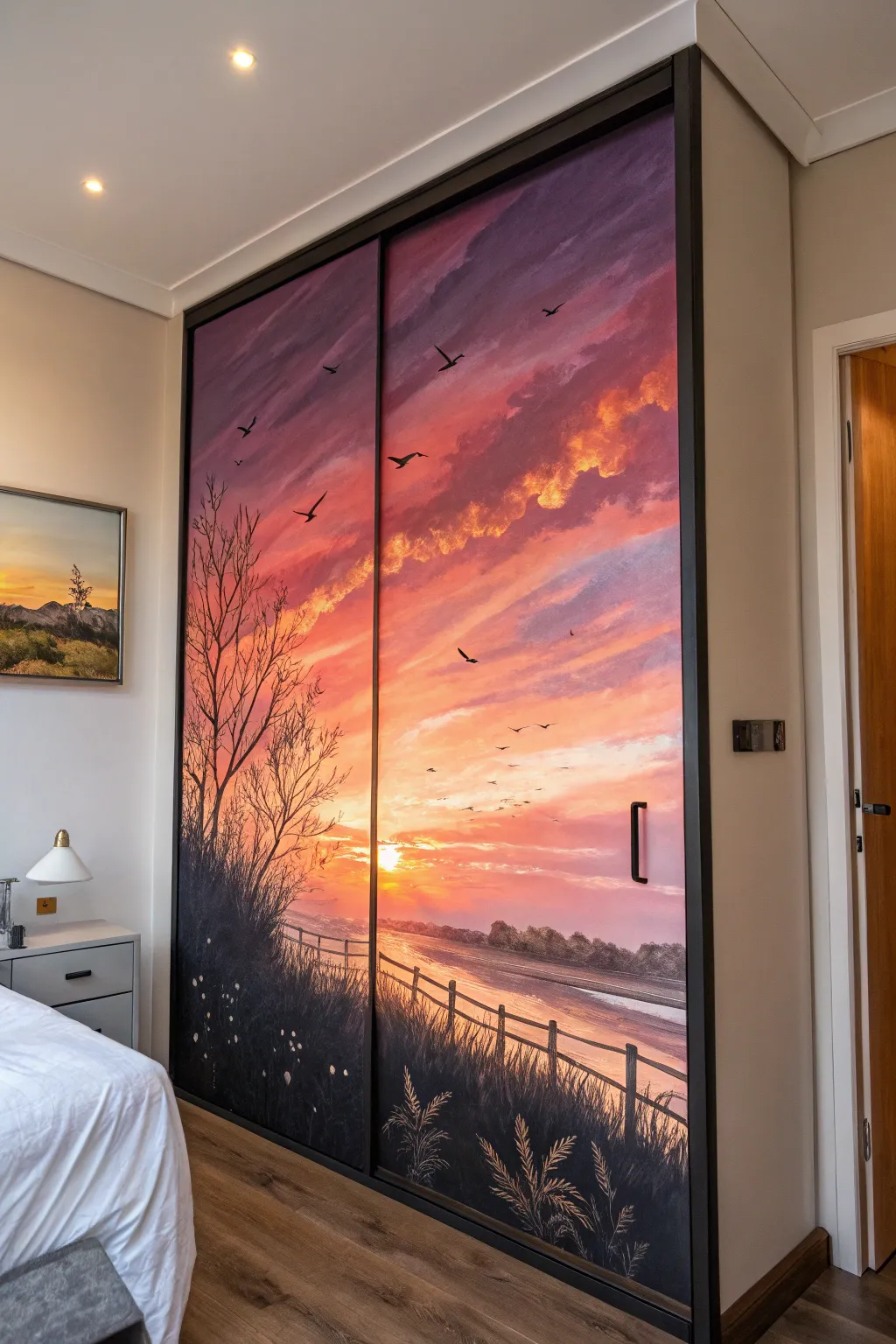 Transform your closet door into a masterpiece with a custom sunset mural. Every day starts with a splash of creativity.