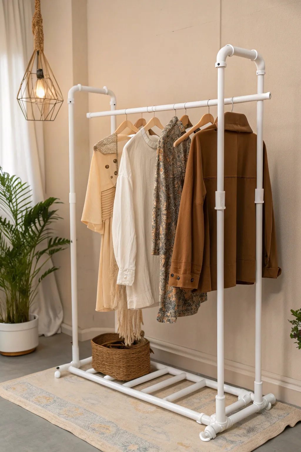 Elevate your yard sale setup with this chic and simple PVC clothes rack—where minimalist design meets boho elegance.
