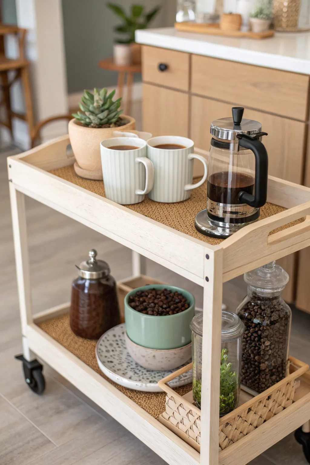 Transform your space with a vintage bar cart coffee station—where Scandinavian minimalism meets Boho charm!