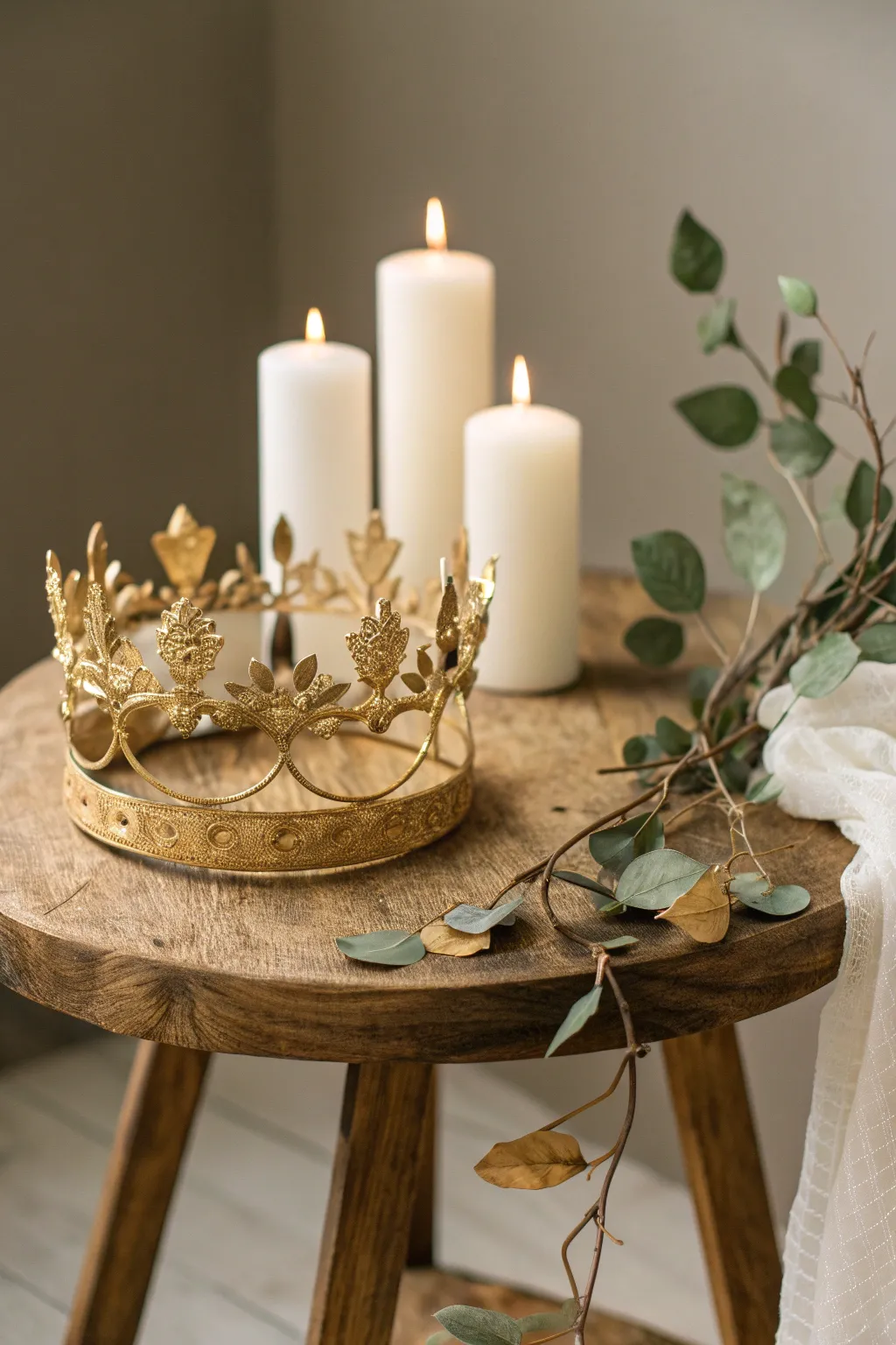 Embrace royal elegance with a gold leaf crown centerpiece, perfect for adding warmth and charm to any gathering.