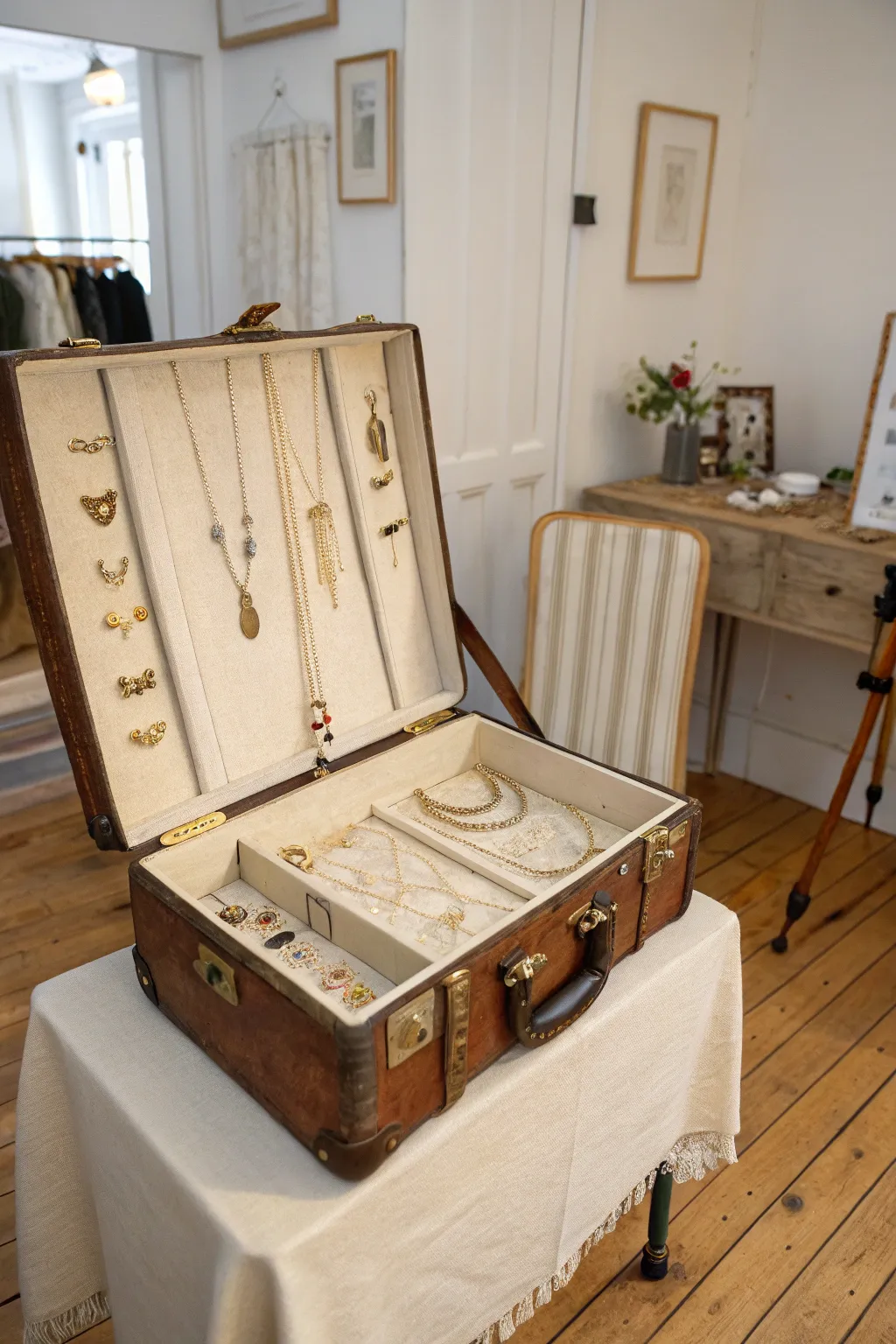Transform nostalgia into elegance with a vintage suitcase display. Perfect for showcasing your crafts with a touch of charm.
