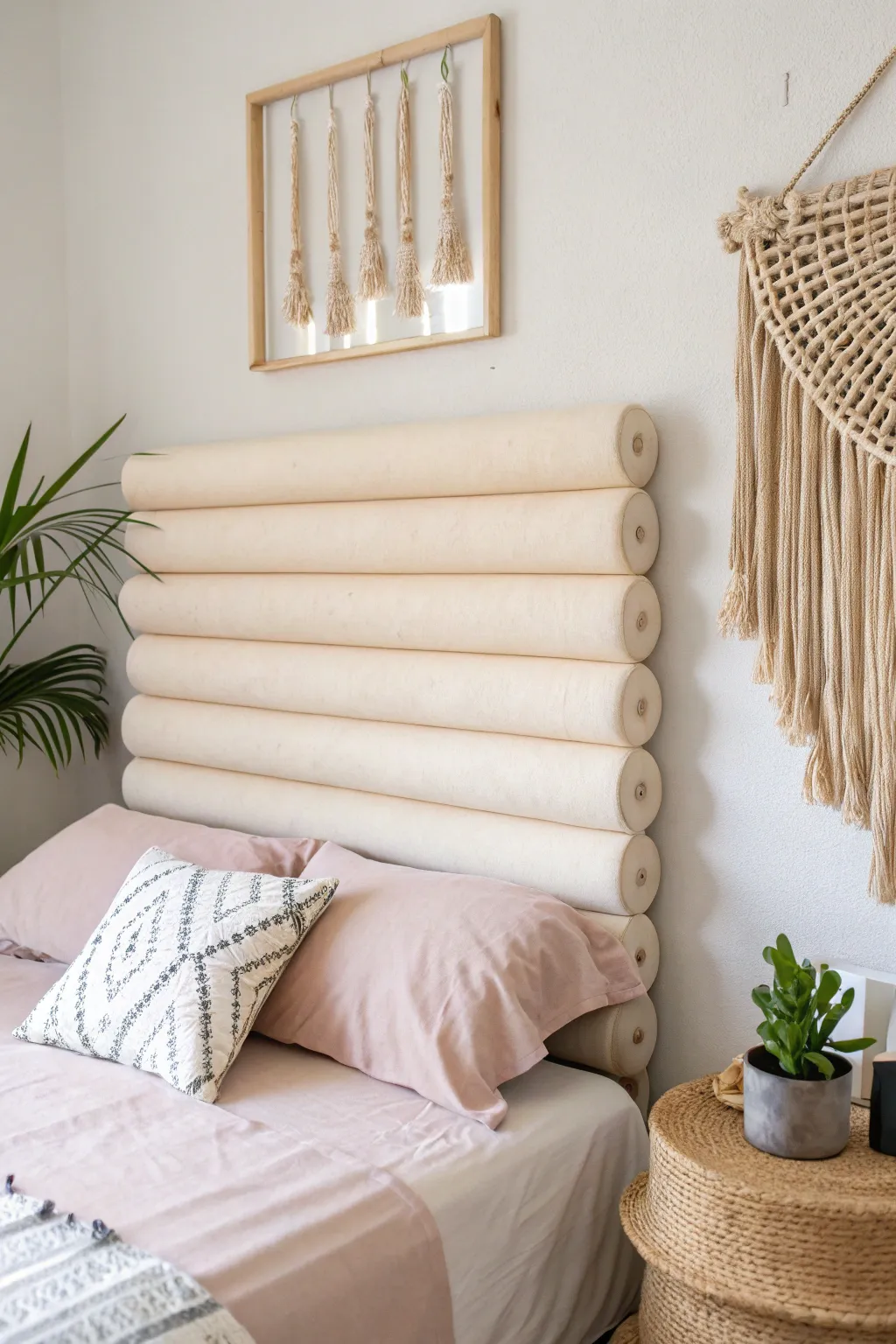 Transform your dorm with a touch of whimsy and elegance using this DIY pool noodle headboard. #DIYDecor #ScandiBoho