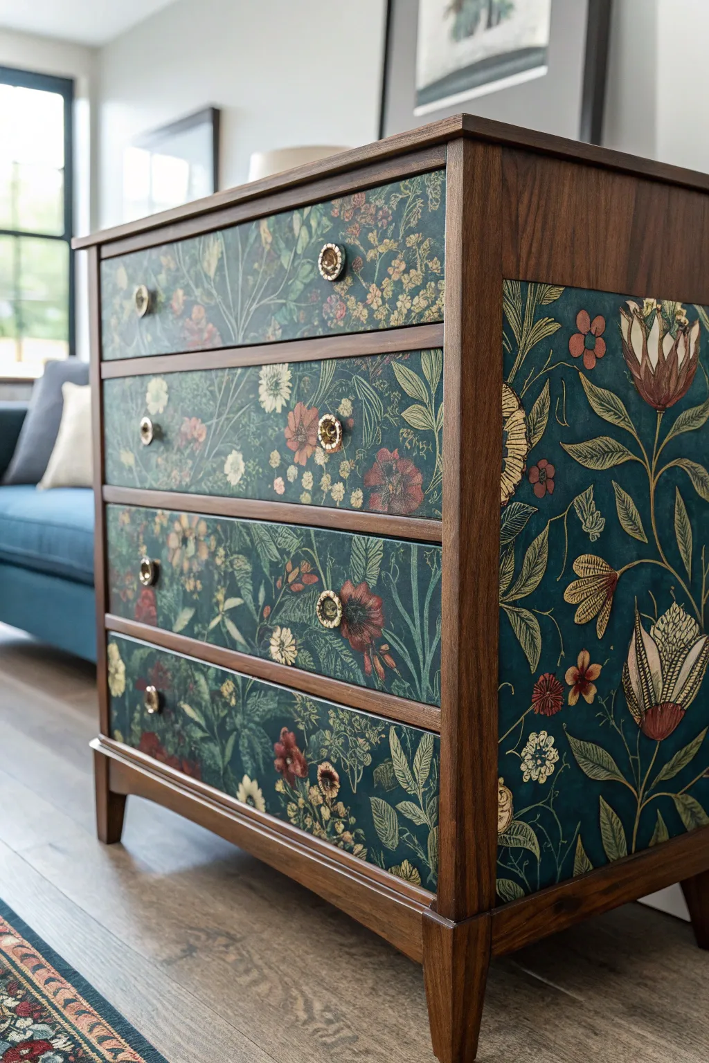 Transform your dresser into a masterpiece with vintage wallpaper flair.