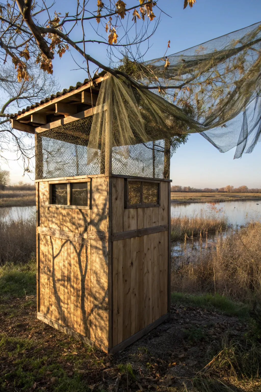 Master the art of concealment with this robust plywood and netting duck blind. Perfect for blending into any wetland environment.
