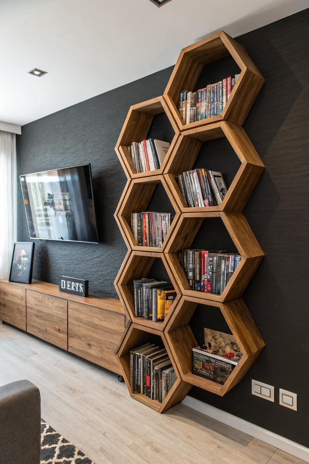 Transform your DVD collection into a work of art with sleek geometric shelves. #HomeDecor #DIYDesign