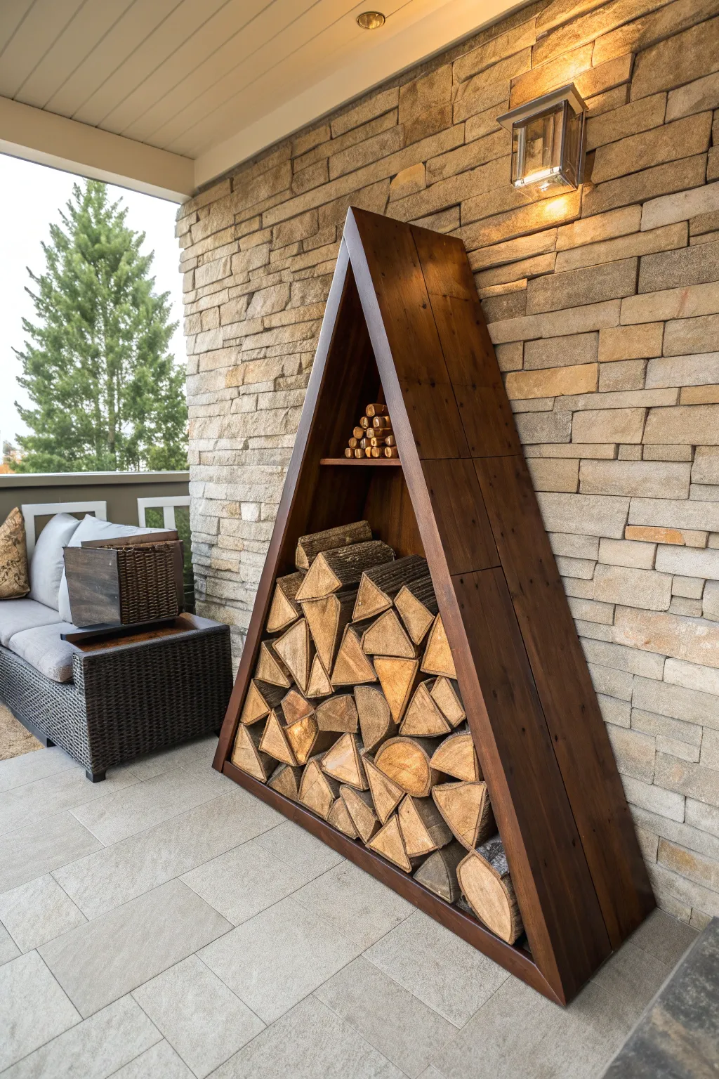 Transform your patio with a space-saving triangular firewood rack, where minimalism meets functionality.