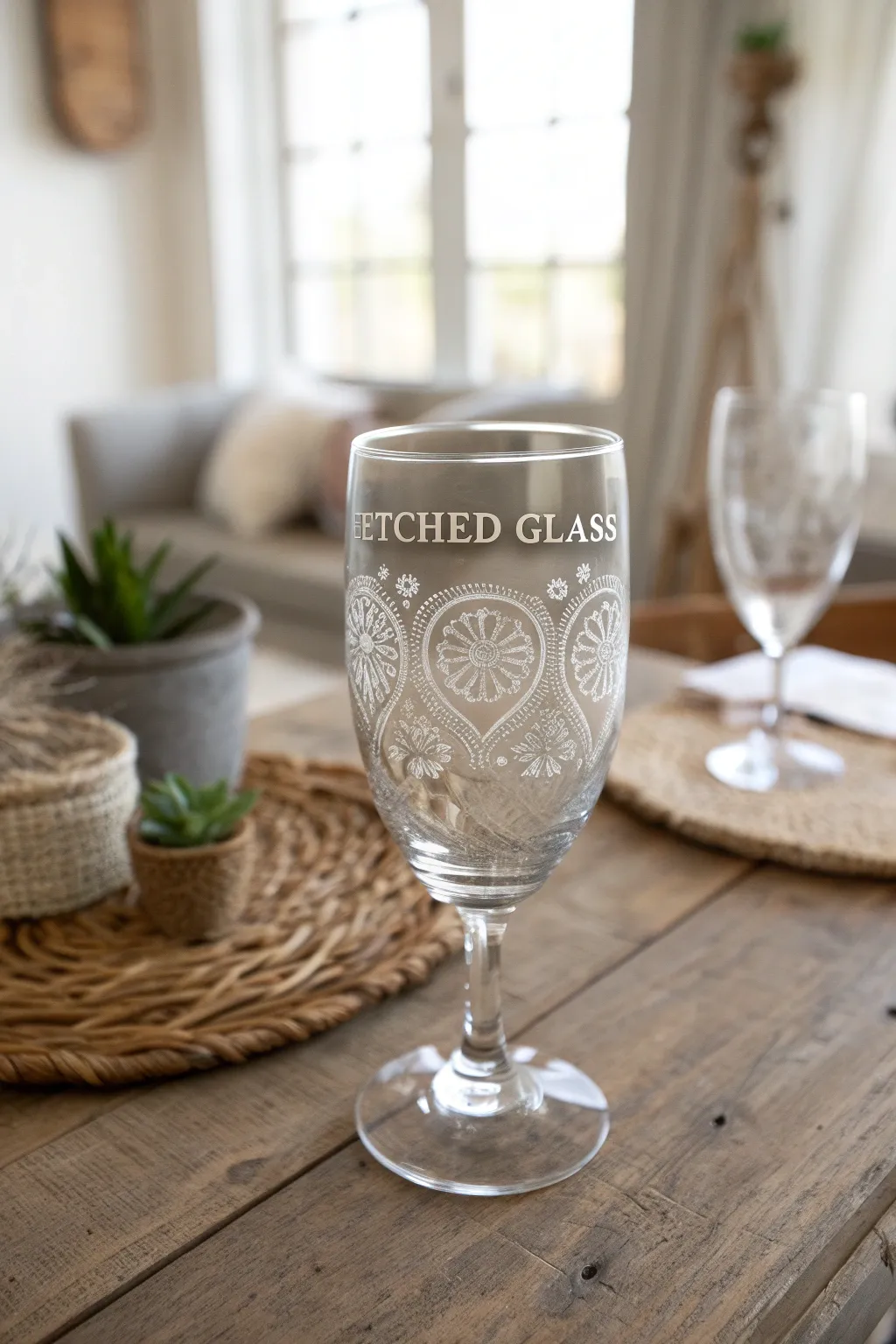 Crafted with love: A personalized etched glass that beautifully blends elegance with a touch of home.