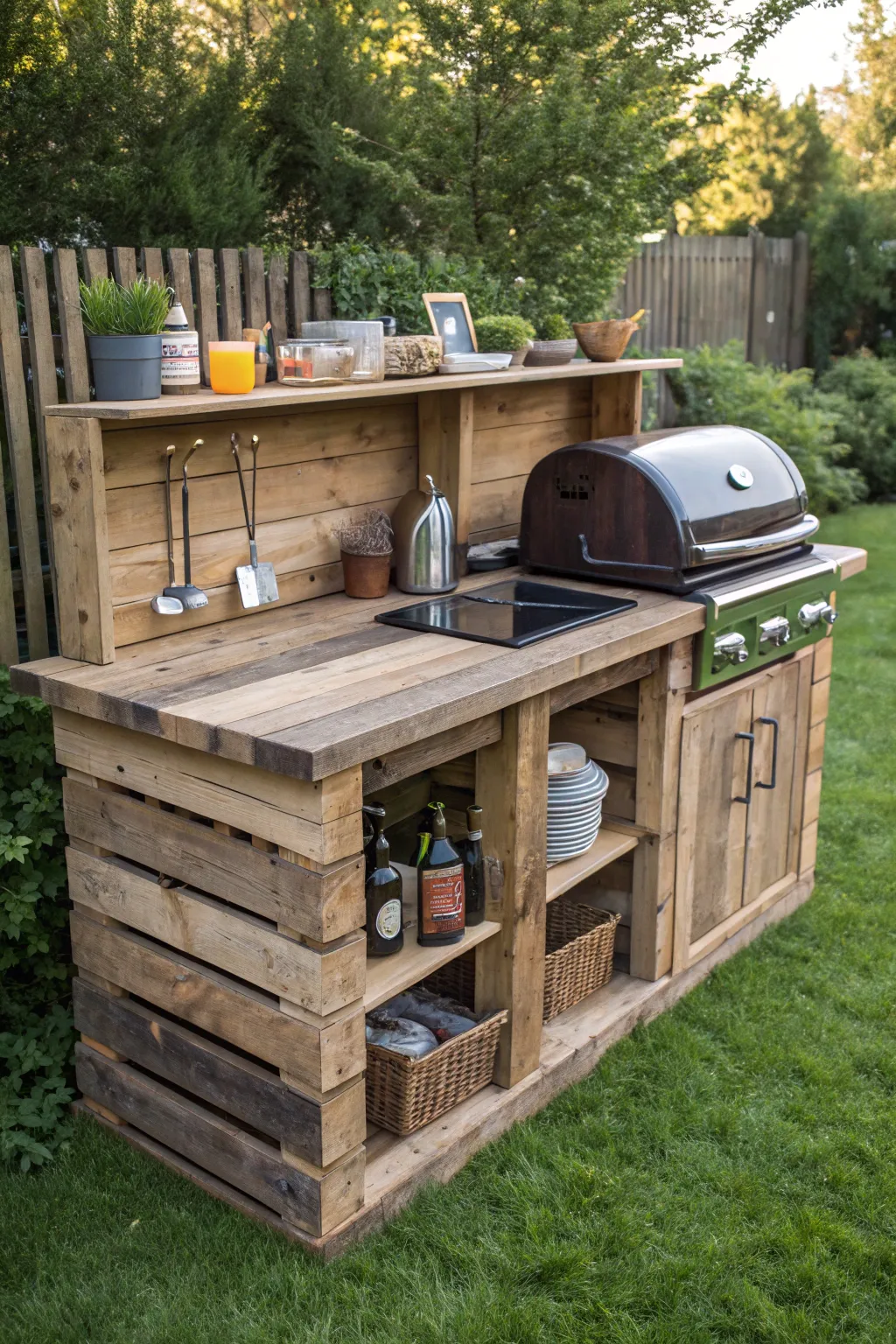 Elevate your outdoor cooking with a rustic wooden pallet grill station, blending style and practicality seamlessly.