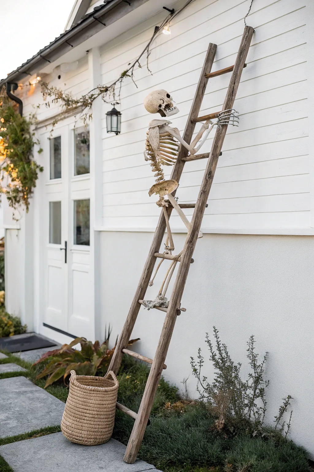 Elevate your Halloween decor with a touch of minimalist charm: a lone skeleton climber makes a spooky yet stylish statement.