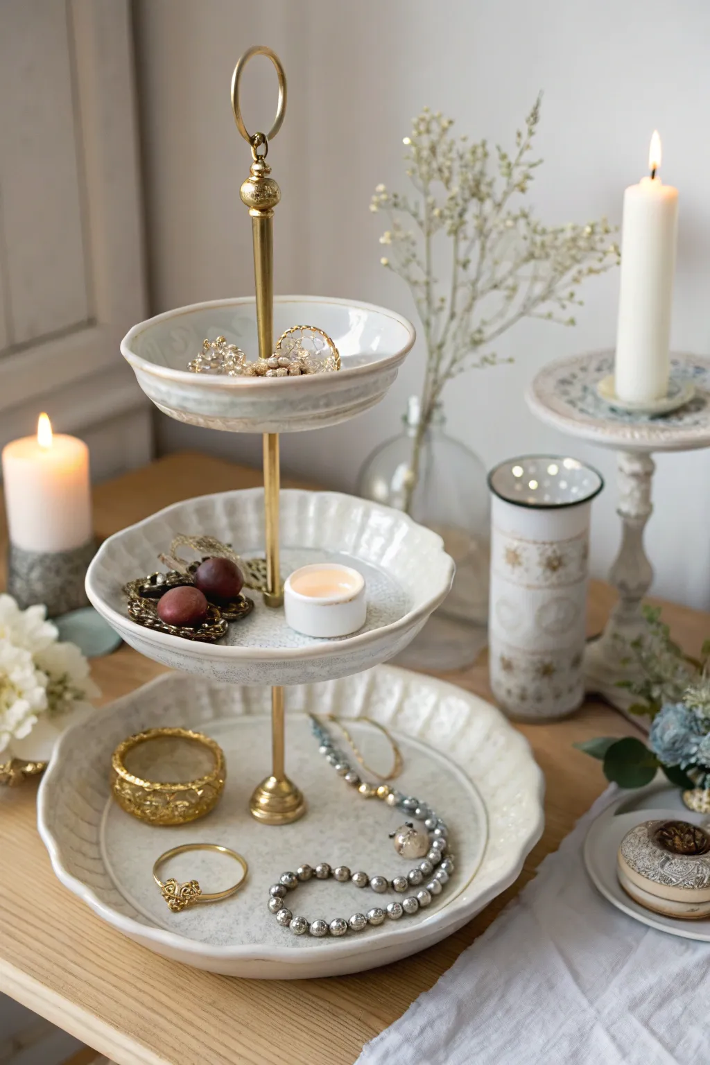 Elevate your jewelry storage with this chic tiered stand made from upcycled treasures. Discover the beauty in simplicity!