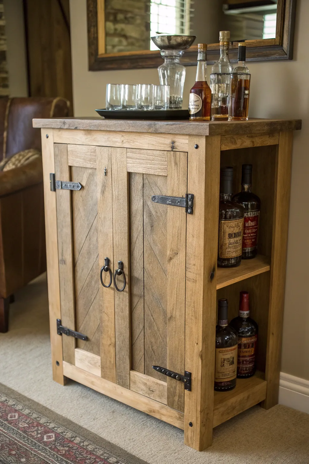 Elevate your home bar with this rustic vintage liquor cabinet, where reclaimed wood meets timeless charm.