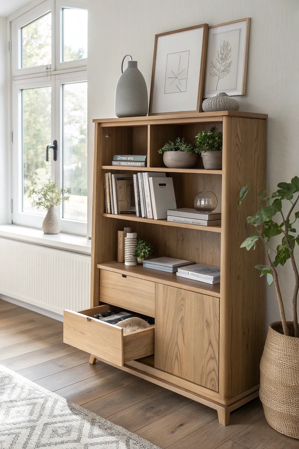 Discover the secret feline corner: a minimalist litter box hideaway in your bookshelf.