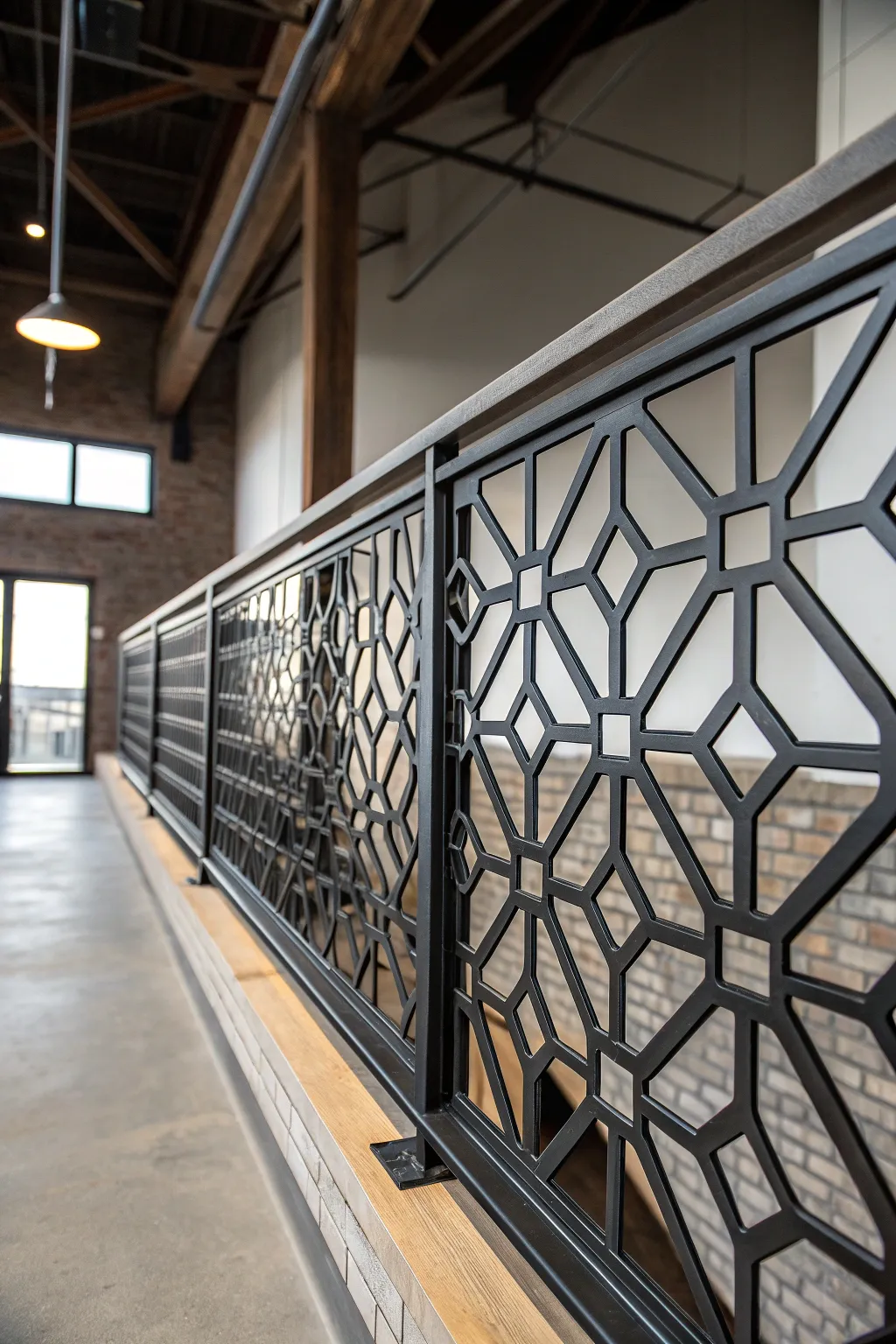 Elevate your loft with striking geometric metal railings for a touch of modern artistry.