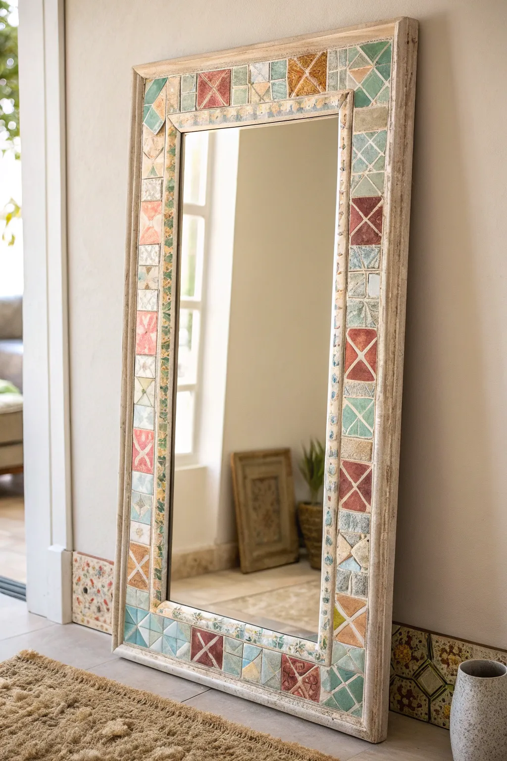 Add a touch of artistic flair to your space with a vibrant mosaic mirror frame, where craftsmanship meets simplicity.