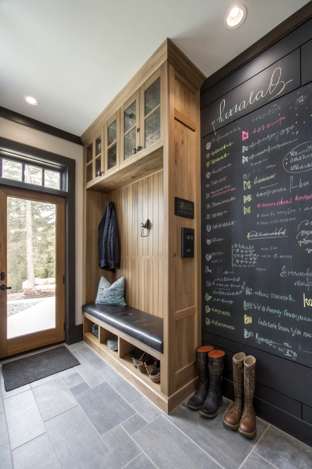 Elevate your mudroom with a functional and stylish chalkboard wall—perfect for keeping life organized.