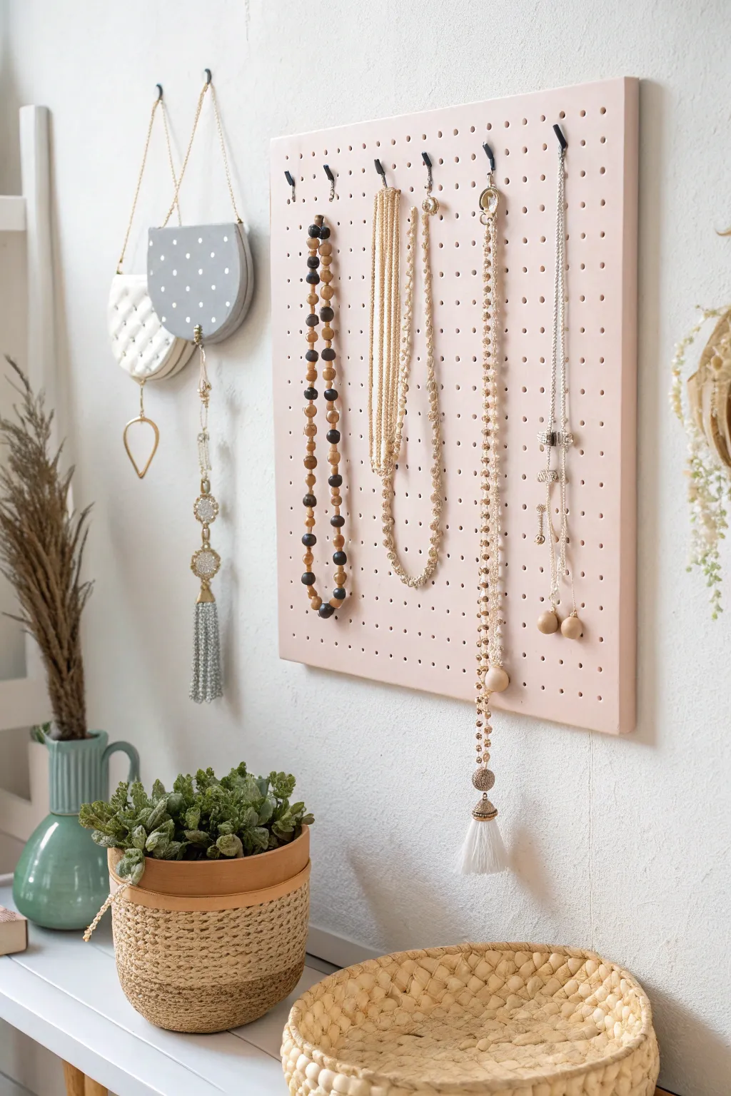 Elevate your jewelry display with a personalized painted pegboard, where simplicity meets style.