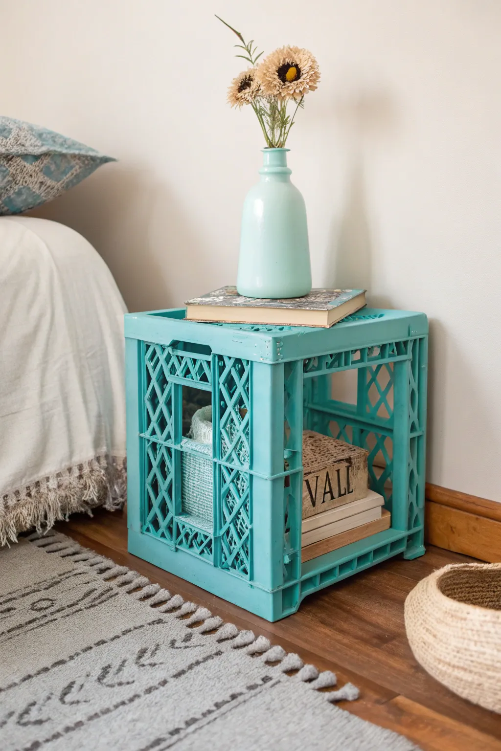 Add a pop of color and creativity to your bedroom with a DIY milk crate nightstand!