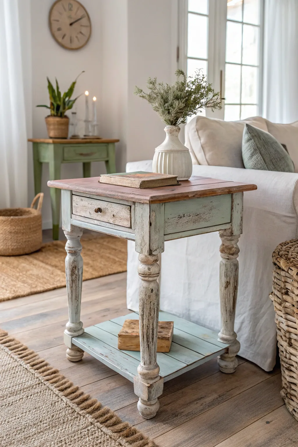 Add timeless character to your space with a rustic distressed end table, perfectly blending simplicity and natural elegance.