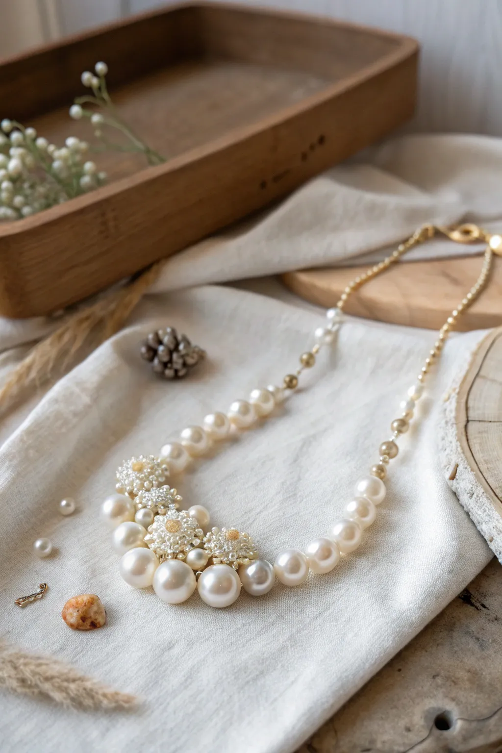 Embrace elegance with a stunning pearl cluster necklace, where simplicity meets artisanal allure.
